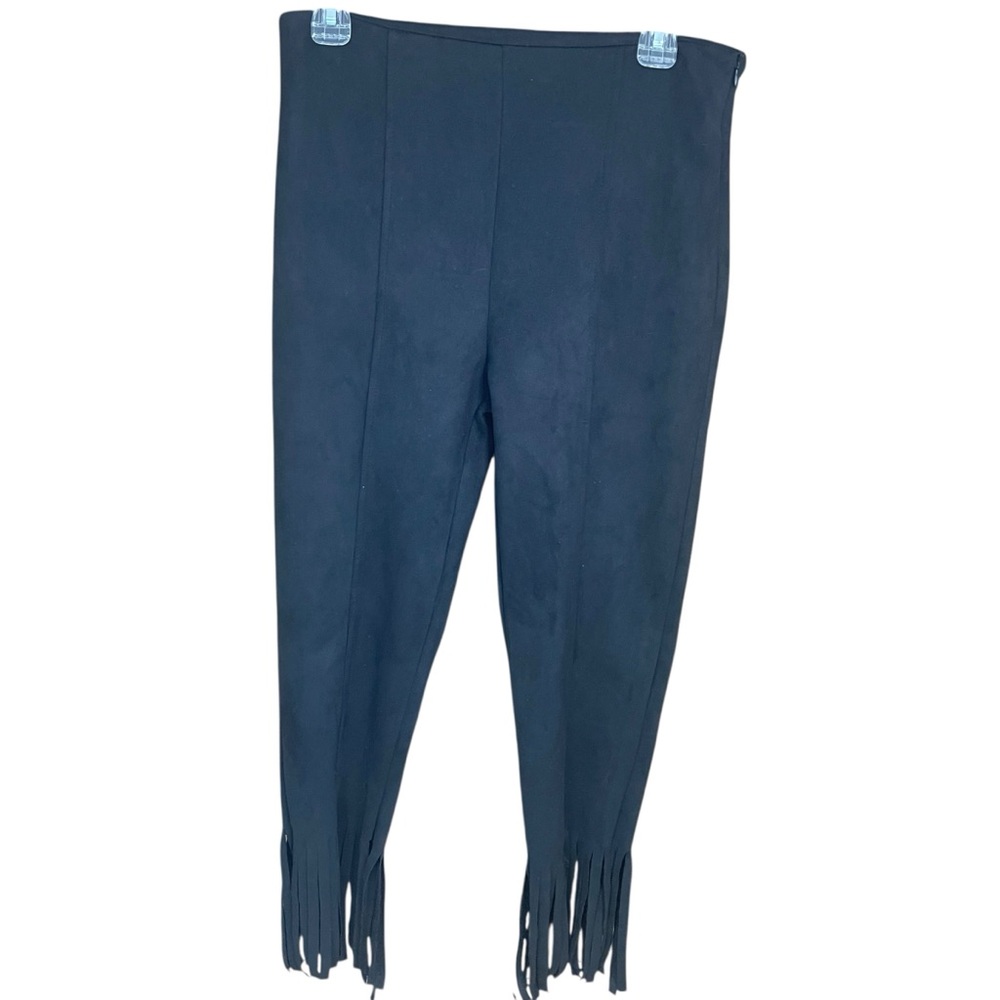 Venti6 Fringe Hem Faux Suede Leather Skinny Pants Black